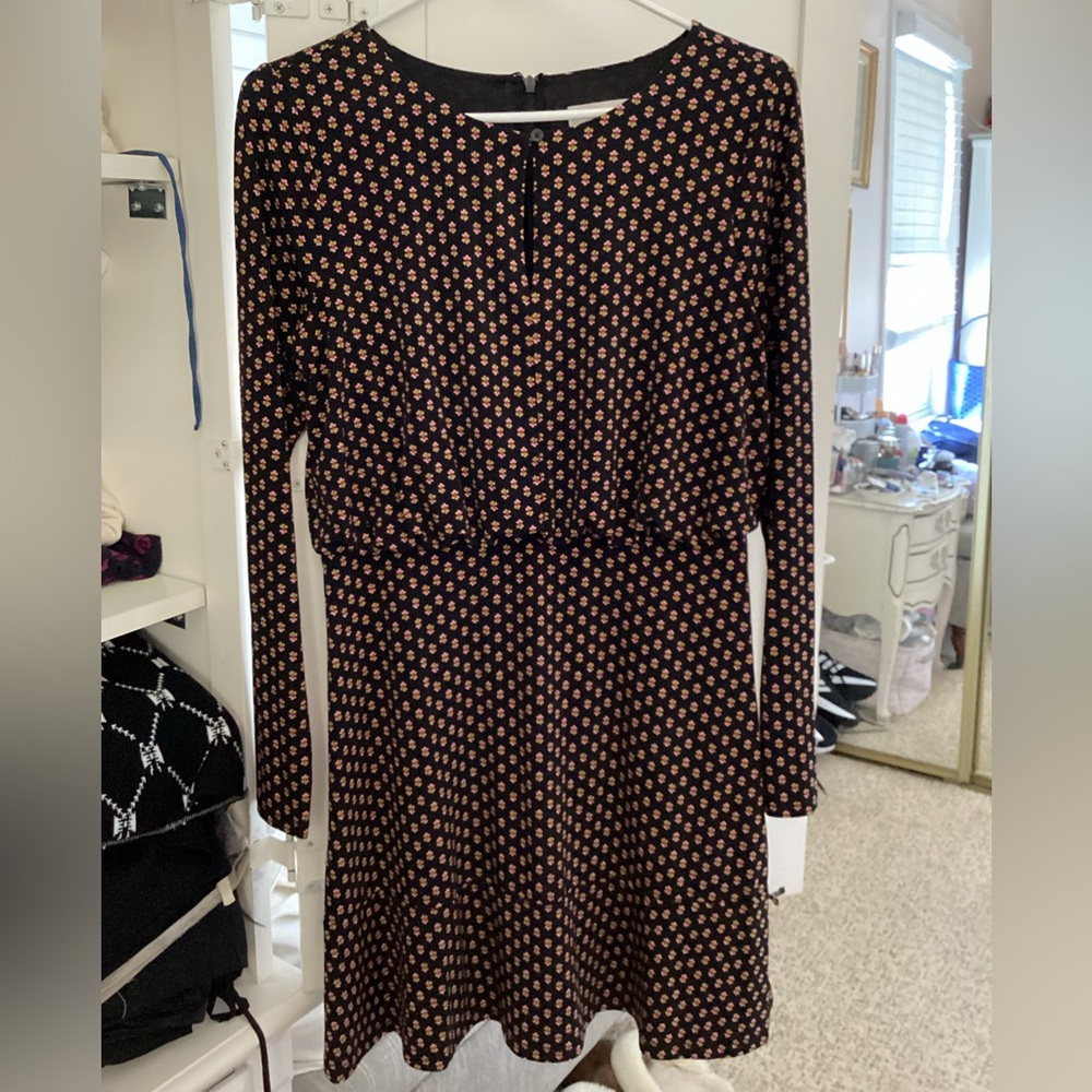 LOFT Black and Orange Patterned Long Sleeve Dress